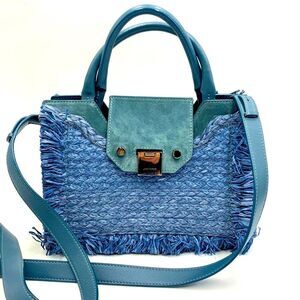 Auth Jimmy Choo Rebel Tote Raffia Suede Blue Dusk Front Clasp Handbag Preloved